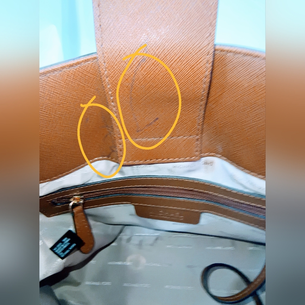 MICHAEL KORS Cognac Hamilton Saffiano Leather Satchel with Gold-Tone Chain Strap - Picture 11 of 16